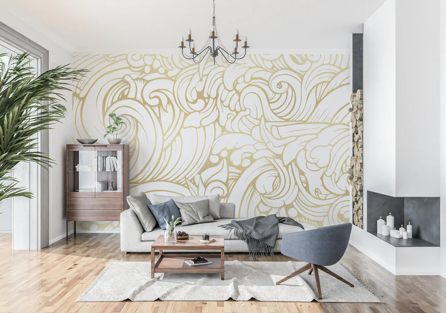 Floral organic metallic line work wall mural suitable for small living space., GD10316