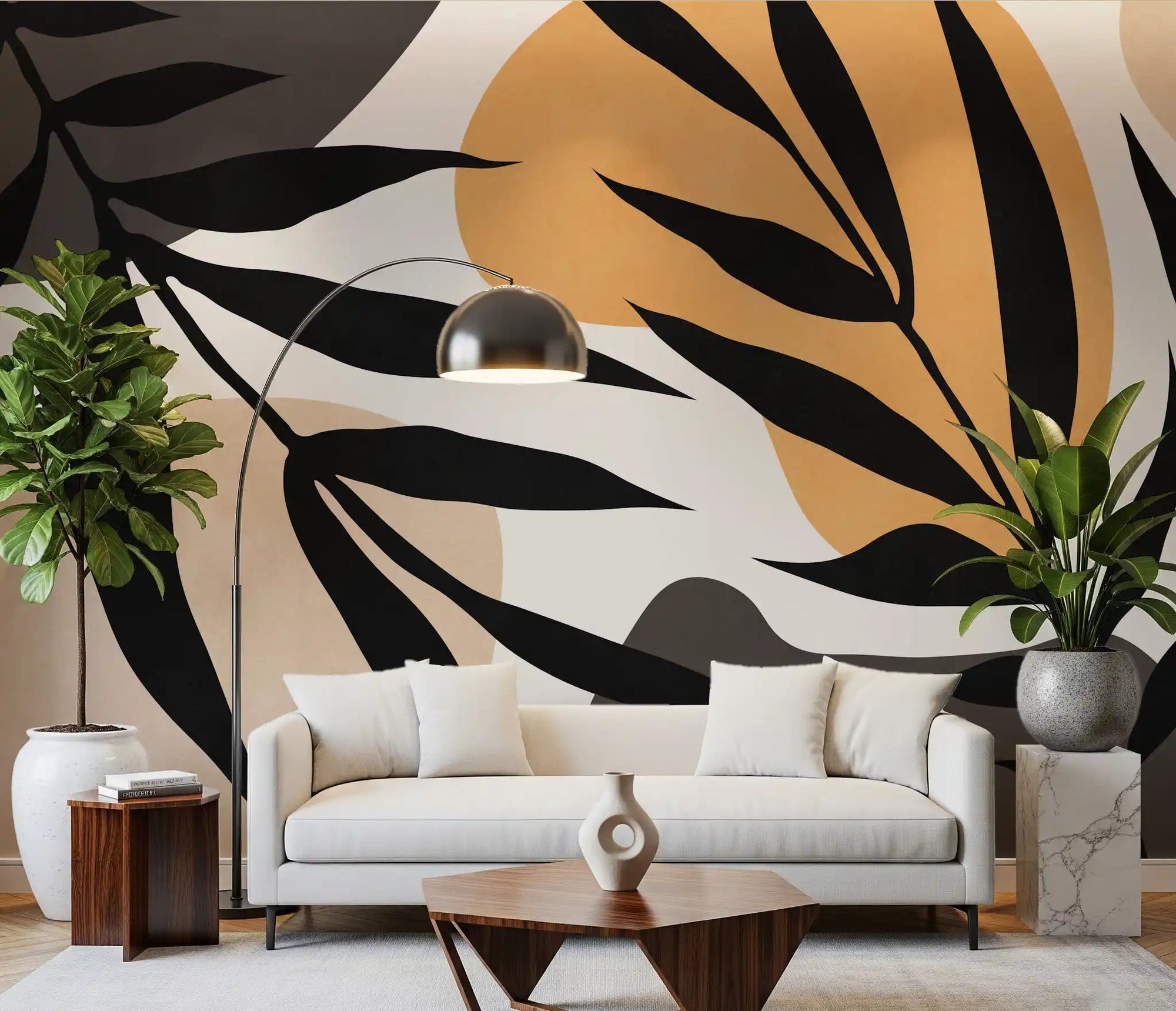 Organic Silhouette Art Wall Mural with black tropical leaves for living room, GD10317