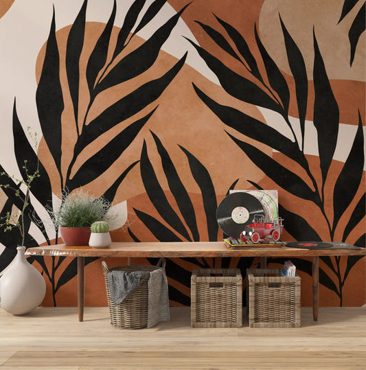 Hallway feature wall mural with boho botanical black frond pattern on warm tones.