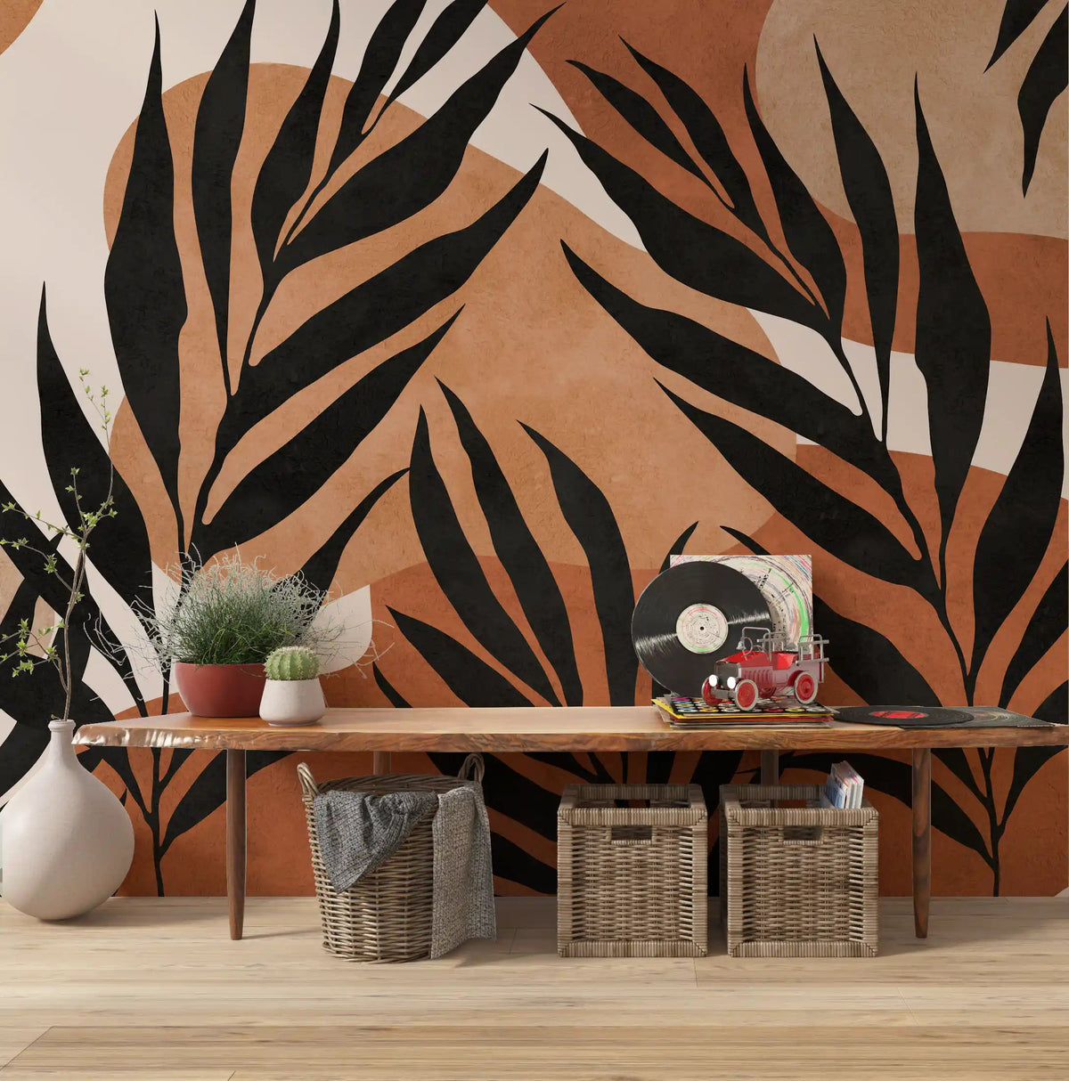 Hallway feature wall mural with boho botanical black frond pattern on warm tones., GD10318