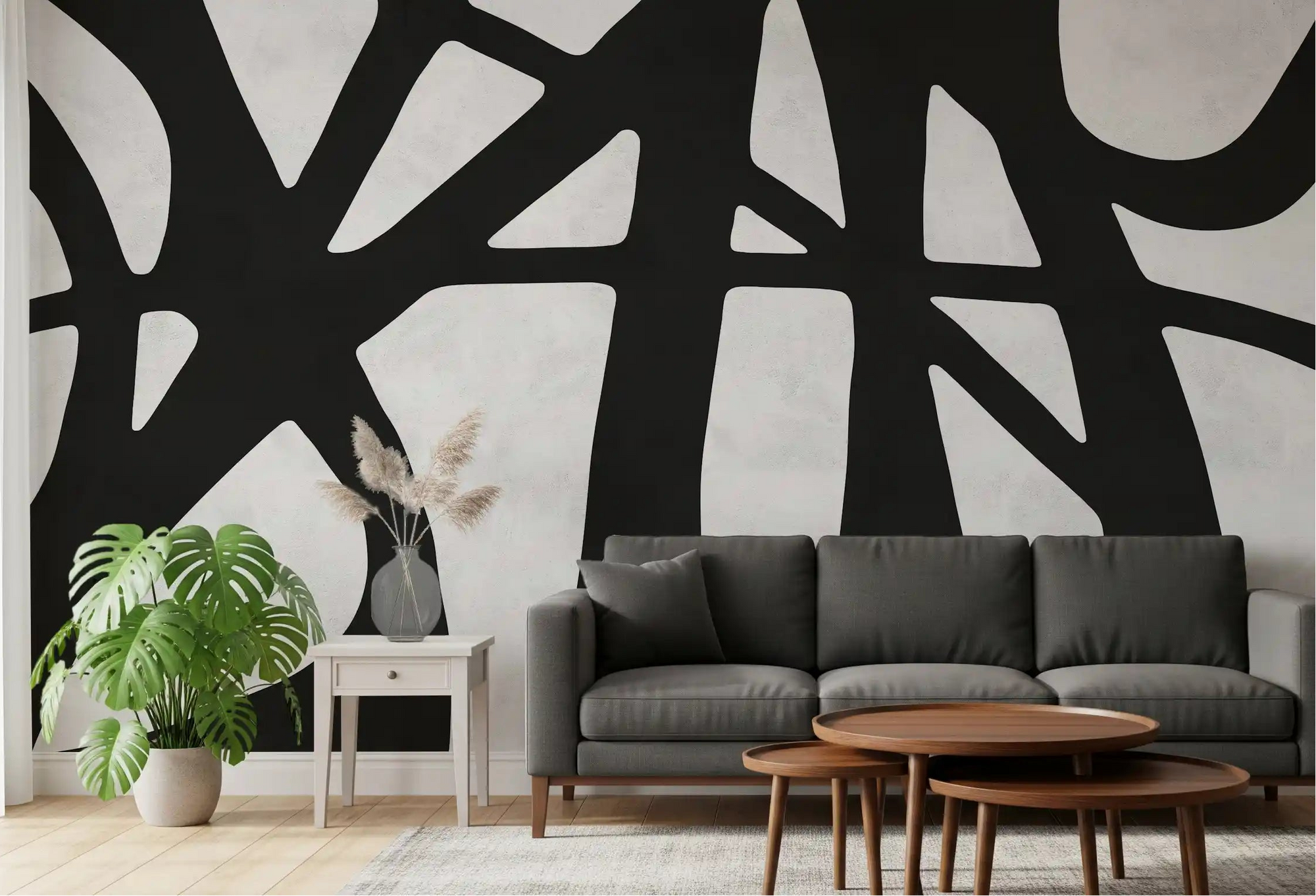 Living room feature wall mural in monochrome with bold black organic curve pattern., GD10319