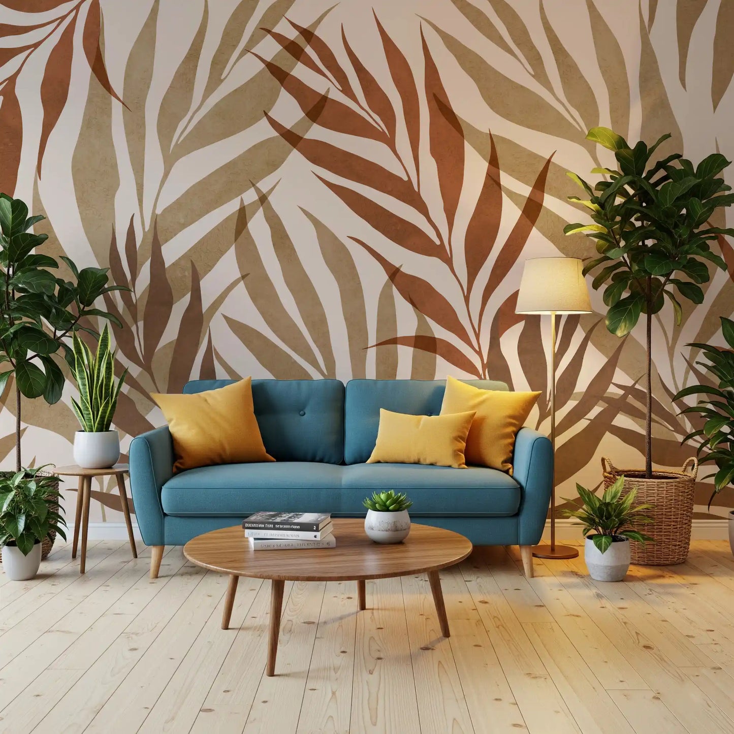 Rust-brown and olive-khaki palm fronds wall mural on warm cream background., GD10320