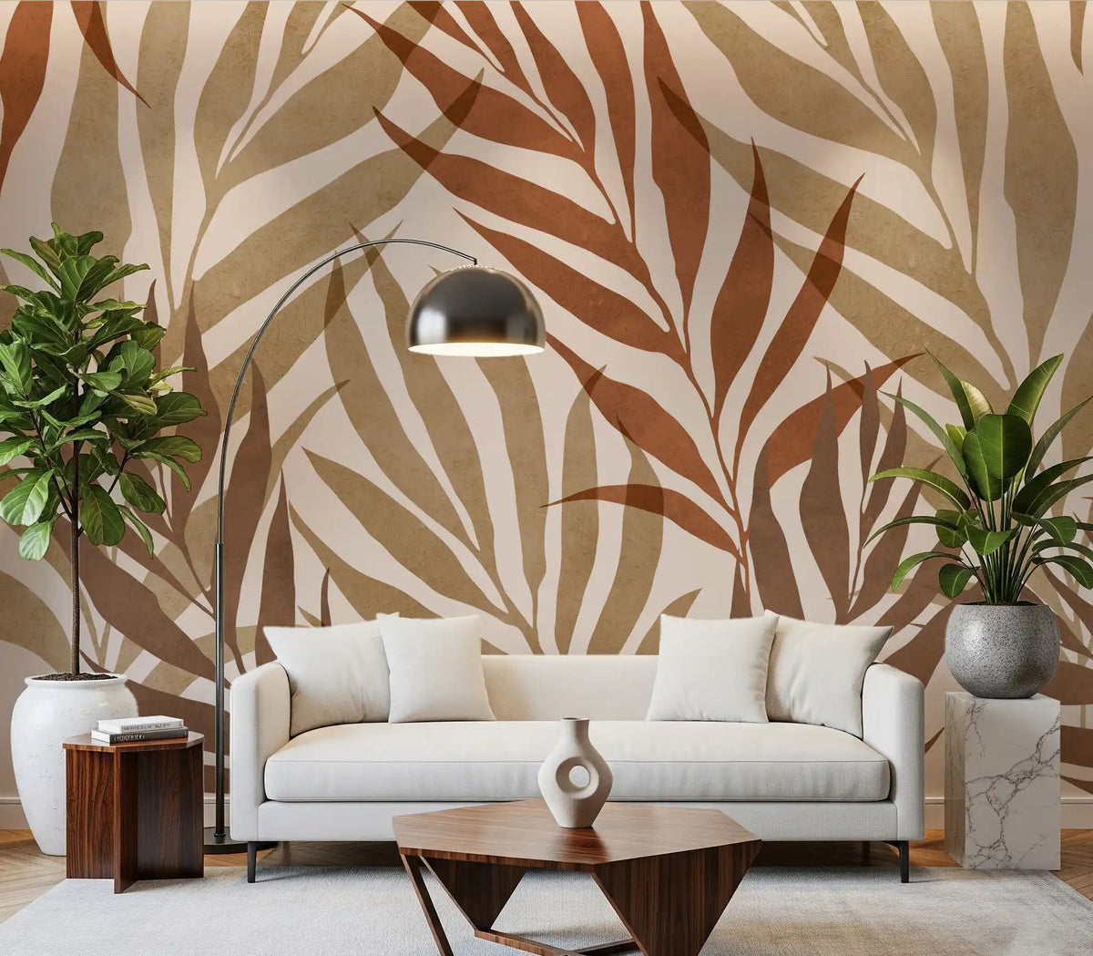 Living room feature wall mural with layered rust and olive botanical palm fronds., GD10320