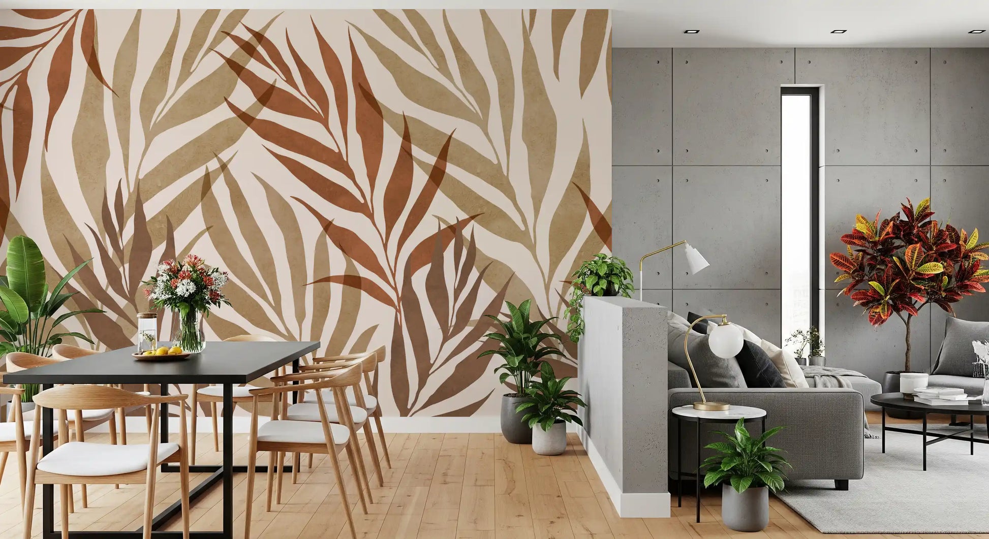 Dining room wall mural featuring earthy semi-transparent watercolour palm frond pattern., GD10320