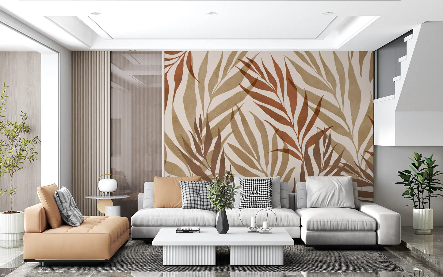 Two-tone rust and olive palm frond wall mural with warm cream watercolour in living room., GD10320