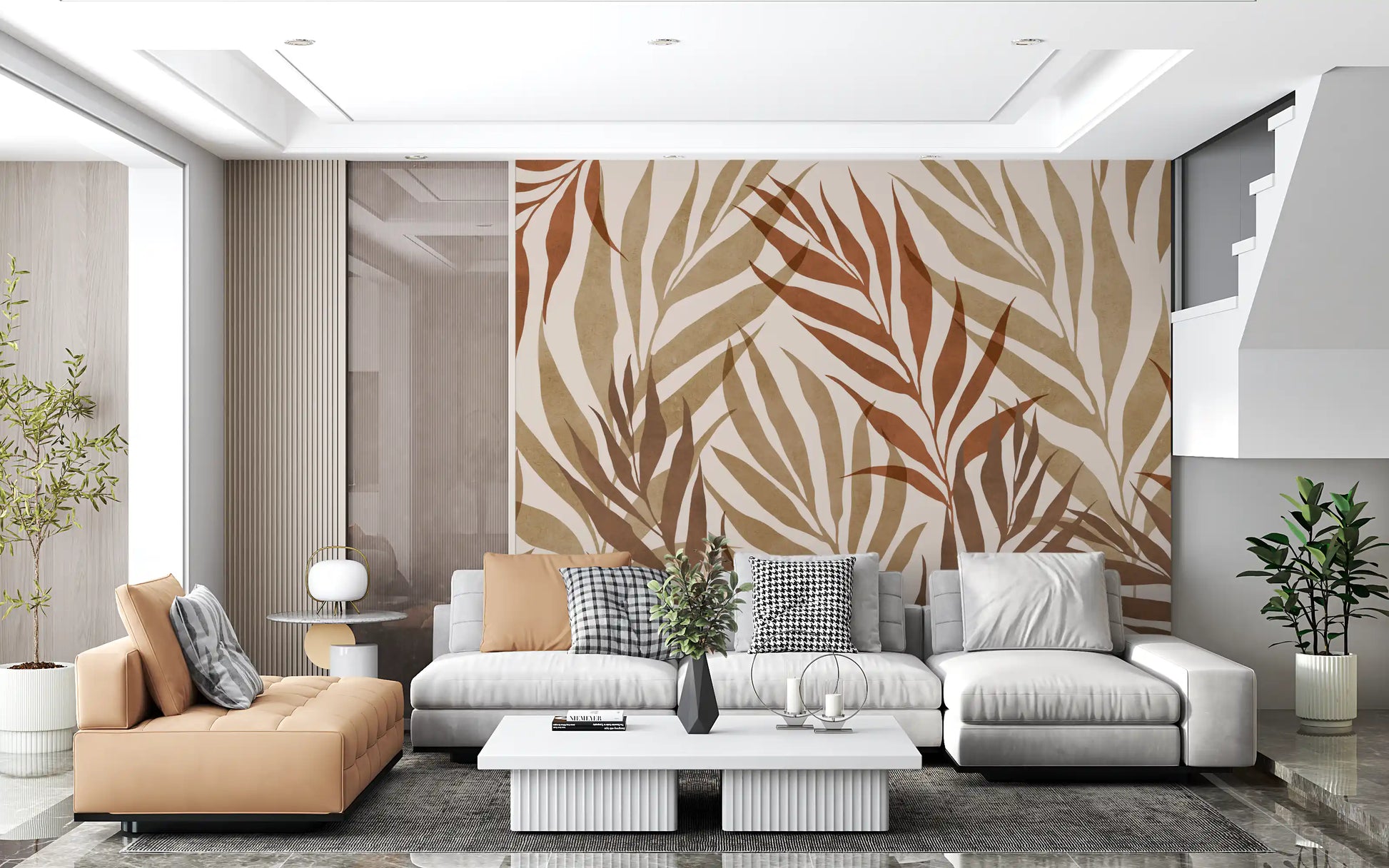 Two-tone rust and olive palm frond wall mural with warm cream watercolour in living room., GD10320