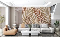 Two-tone rust and olive palm frond wall mural with warm cream watercolour in living room., GD10320