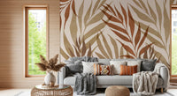 Earthy botanical mural with semi-transparent watercolour fronds in rust and olive., GD10320