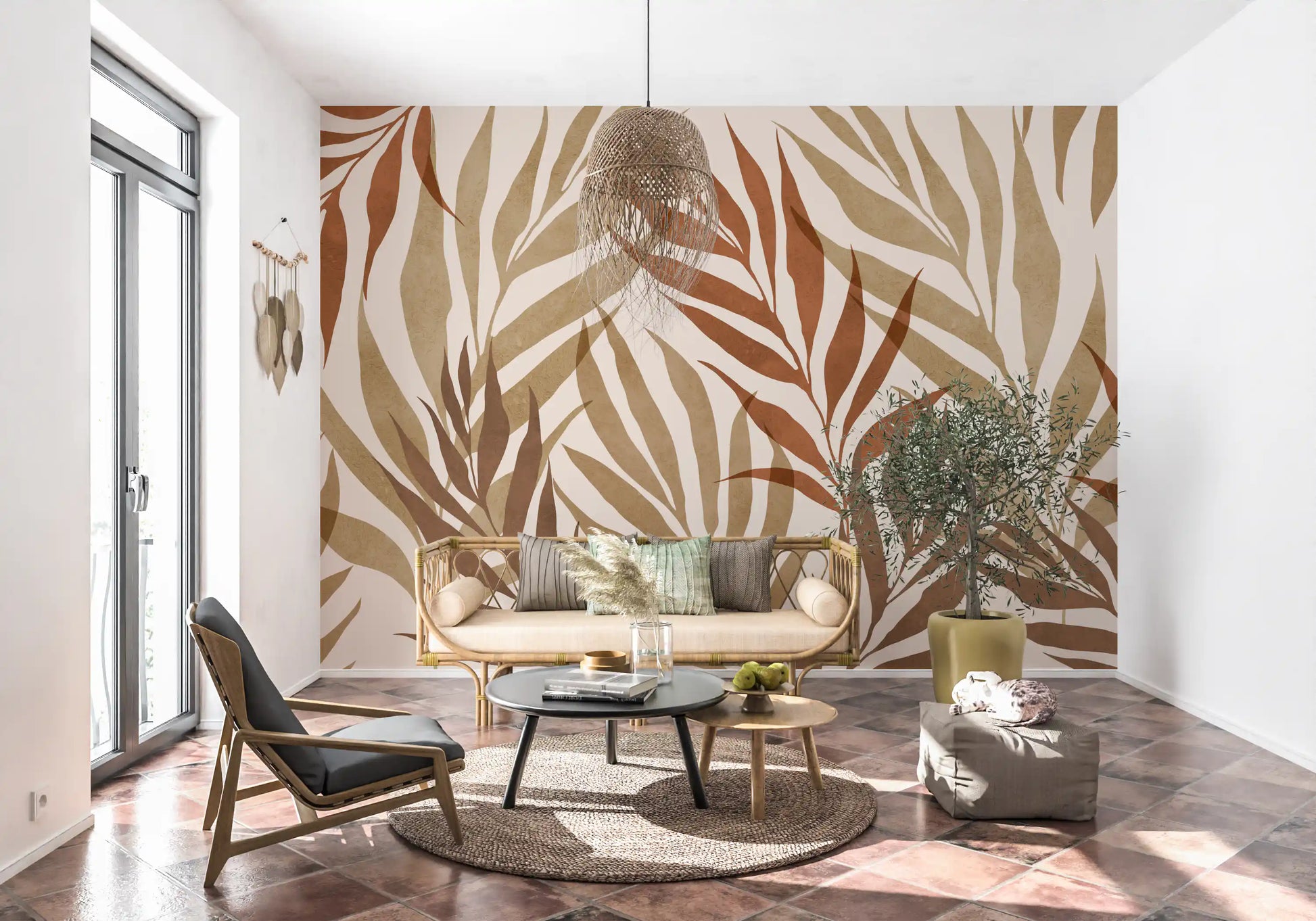 Layered botanical wall mural featuring rust-brown fronds with olive-khaki shadow tones., GD10320