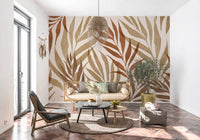 Layered botanical wall mural featuring rust-brown fronds with olive-khaki shadow tones., GD10320