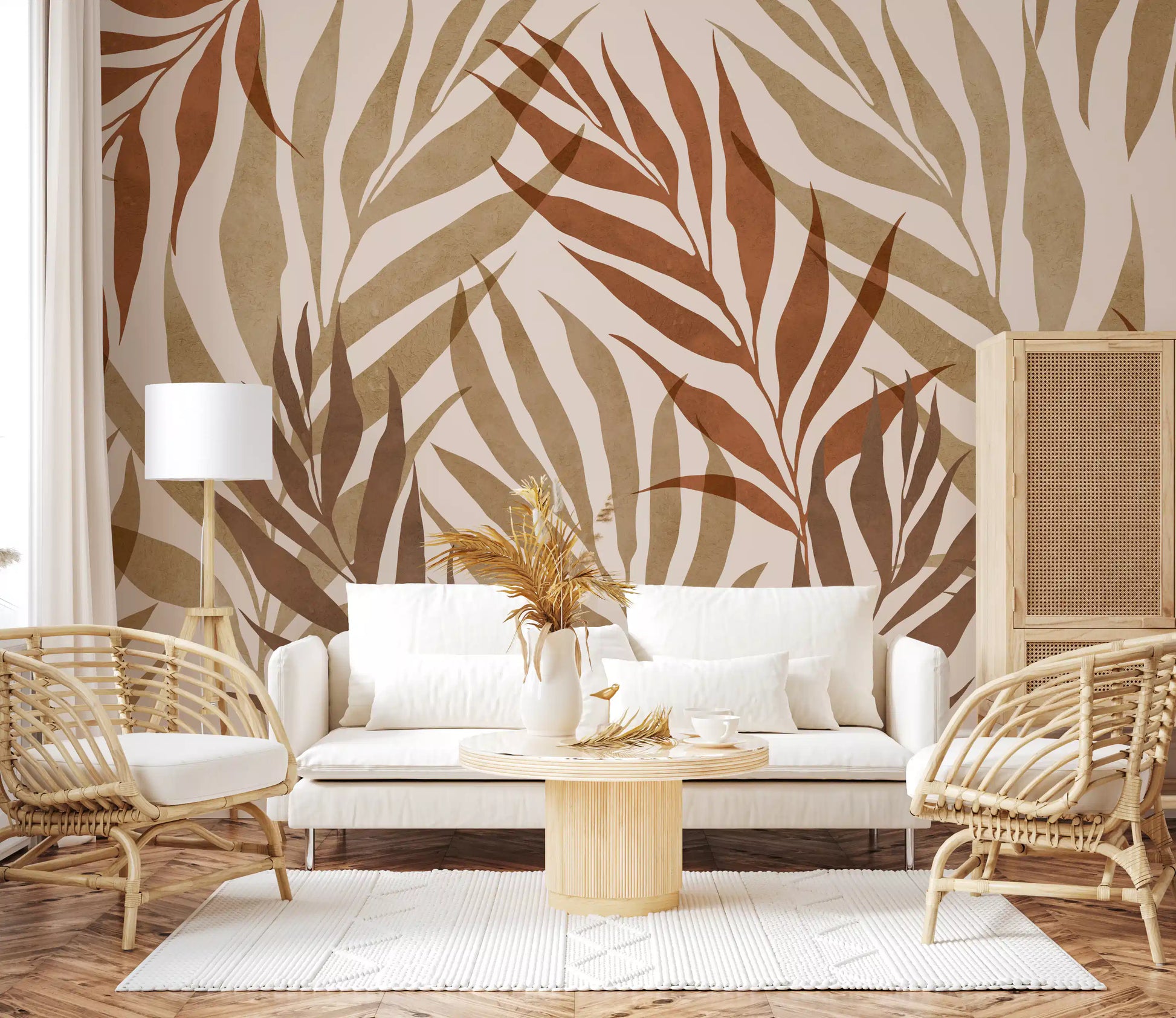 Narrow elongated leaves mural in rust and olive radiating from central stems in living space., GD10320