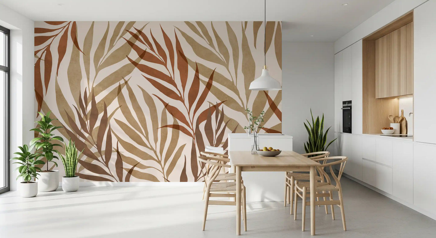 Multi-tonal palm leaf wall mural with layered rust and khaki fronds on cream., GD10320