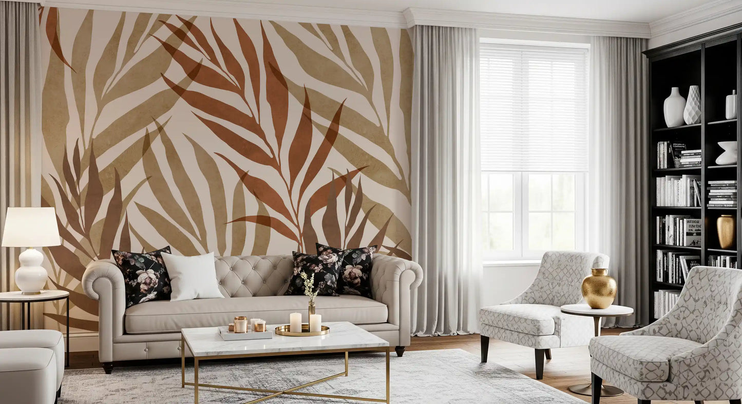 Repeating palm frond mural in earth tones with soft cream background texture., GD10320
