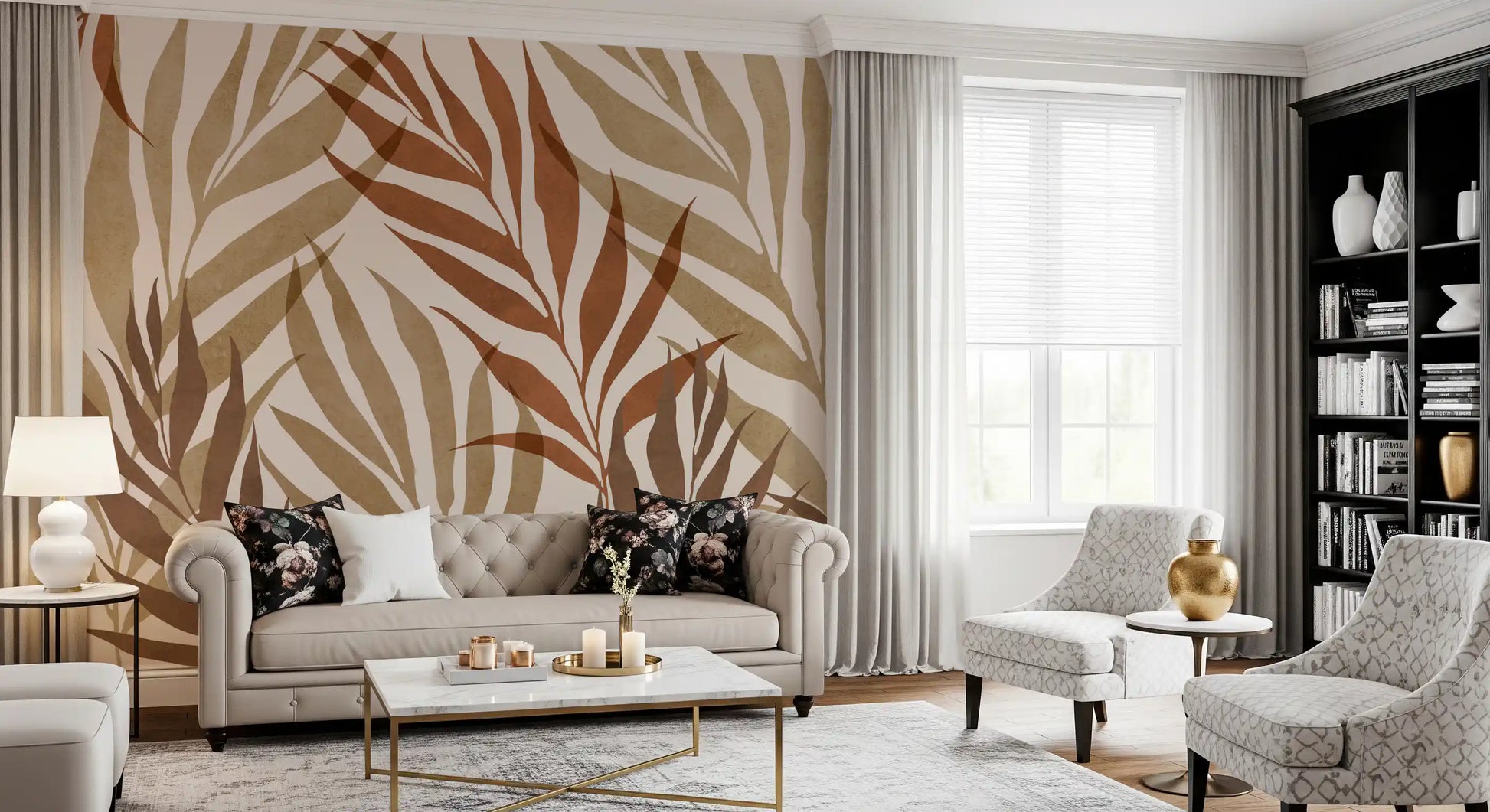Repeating palm frond mural in earth tones with soft cream background texture., GD10320