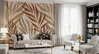 Repeating palm frond mural in earth tones with soft cream background texture., GD10320
