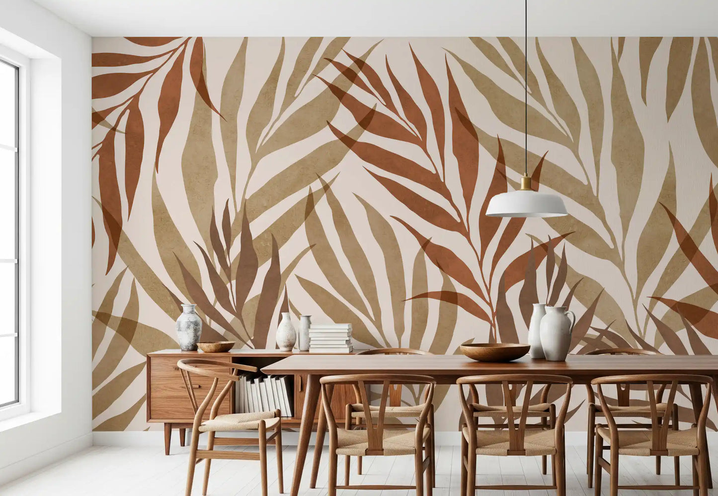 Watercolour-style botanical fronds wall mural with overlapping transparent layers in earth tones., GD10320