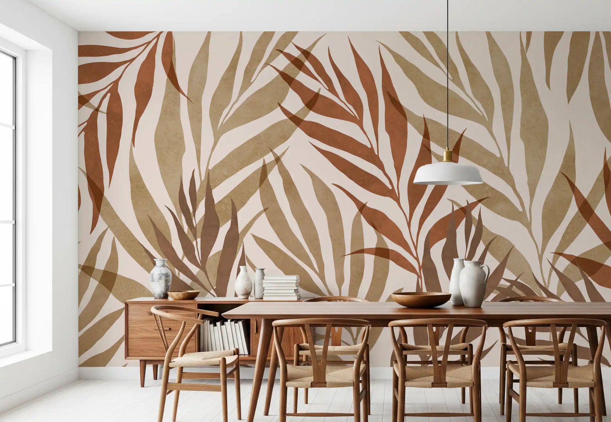 Watercolour-style botanical fronds wall mural with overlapping transparent layers in earth tones., GD10320