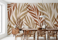 Watercolour-style botanical fronds wall mural with overlapping transparent layers in earth tones., GD10320