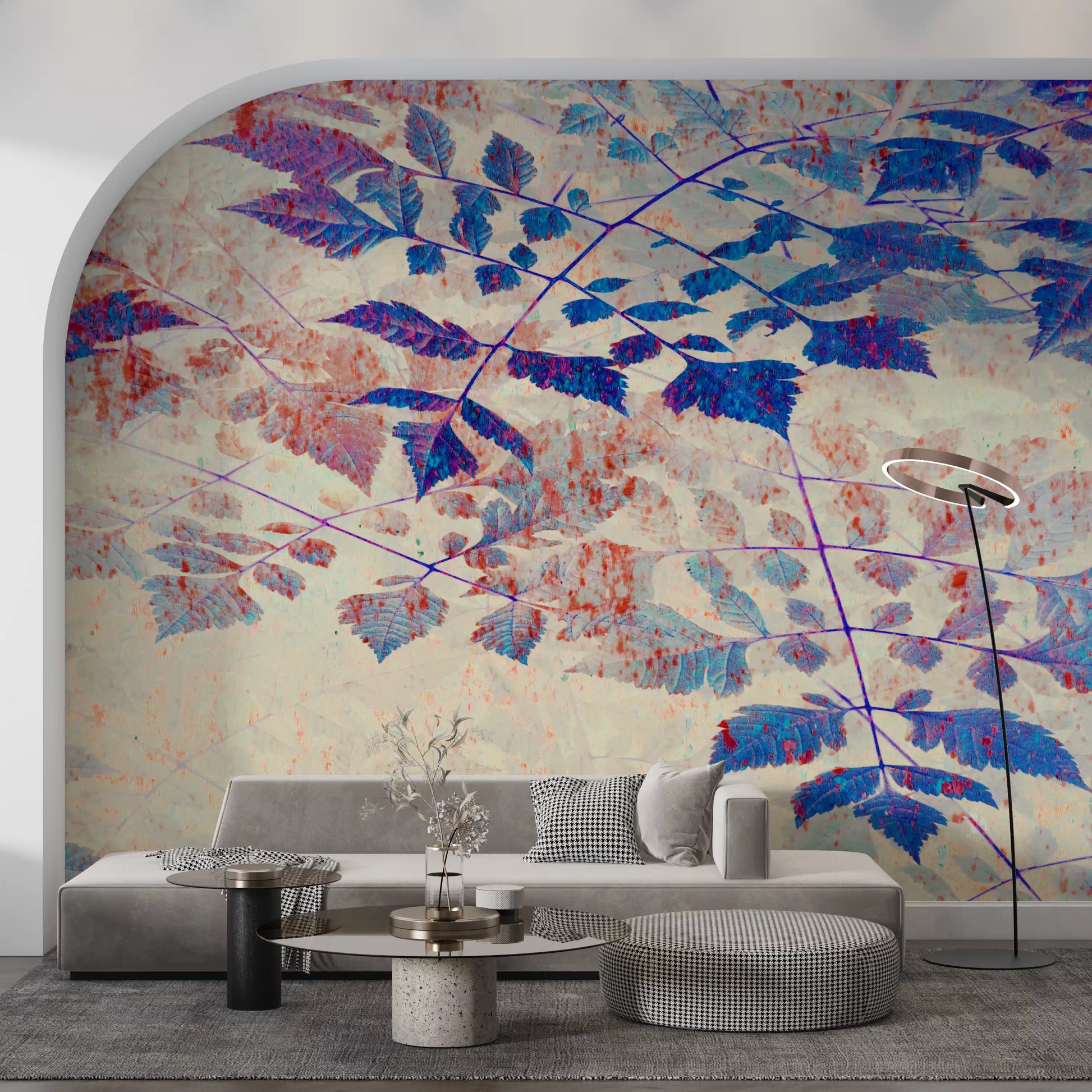 Multi-tonal blue and violet leaf branch mural on textured blush-cream background., GD10321