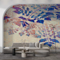Multi-tonal blue and violet leaf branch mural on textured blush-cream background., GD10321
