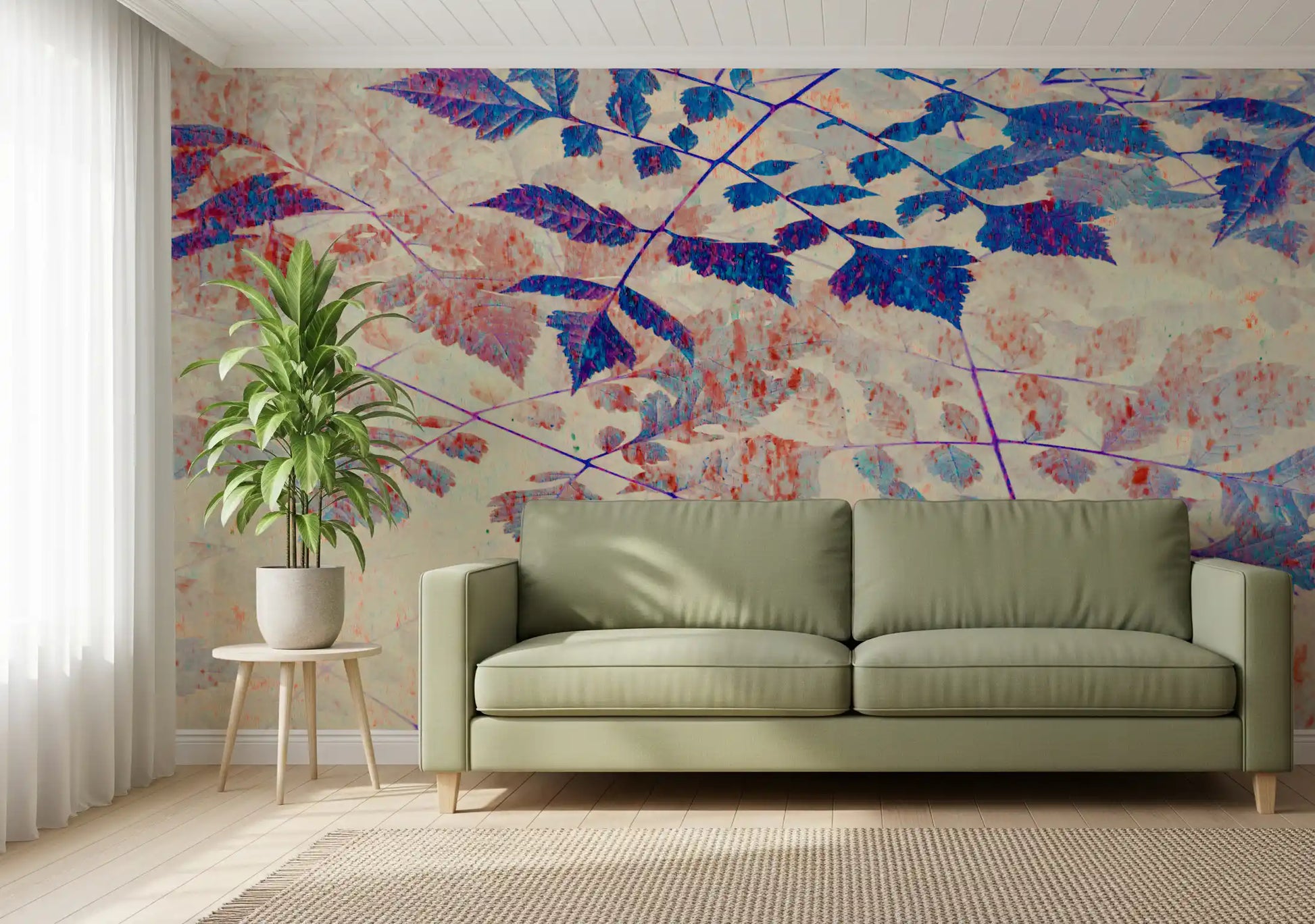 Blue-violet botanical foliage mural with fine diagonal purple line work overlay., GD10321