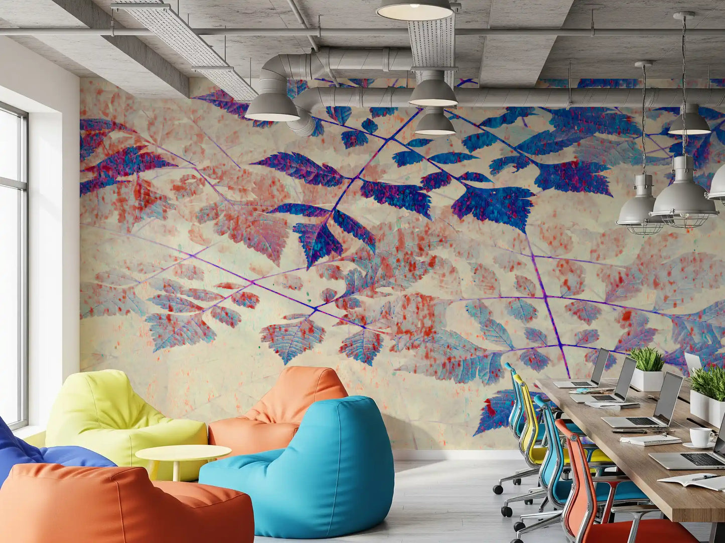 Compound leaf fronds wall mural in indigo and violet with visible vein detail on pale ground., GD10321