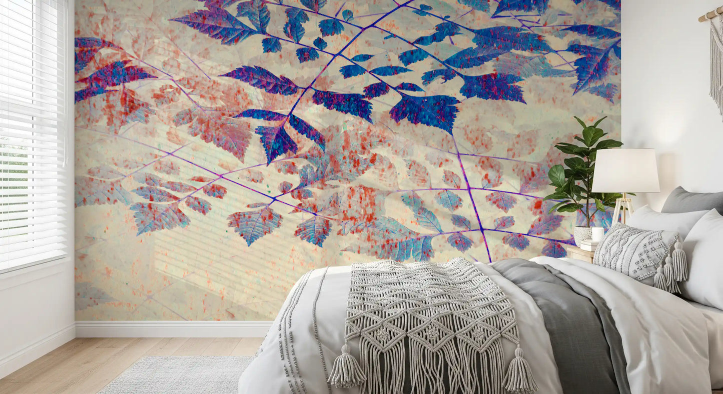 Naturalistic fern branches wall mural in indigo tones with serrated leaf edges., GD10321