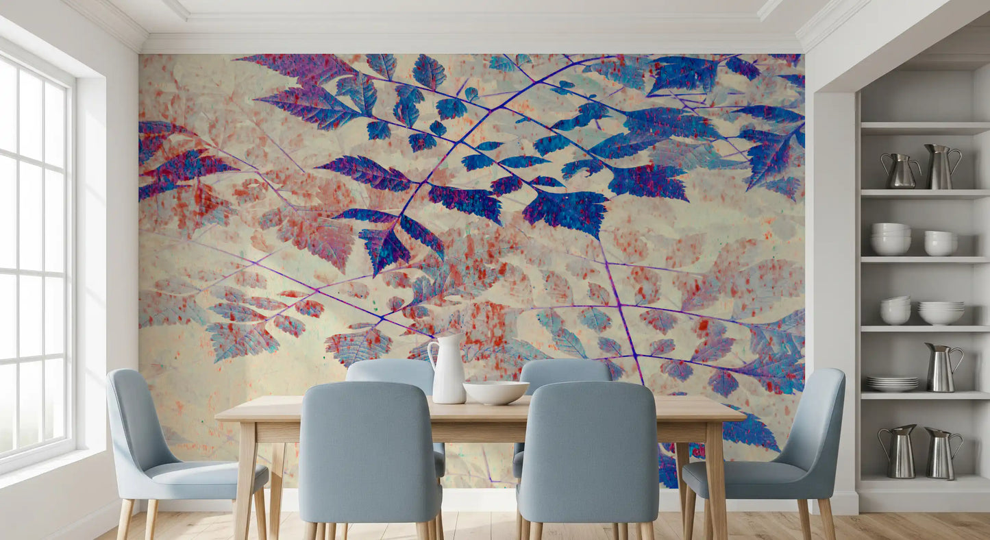 Photographic style botanical mural with blue compound leaves in dining room., GD10321