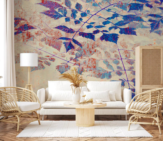 Blue compound leaf branches wall mural with purple line work in living room.