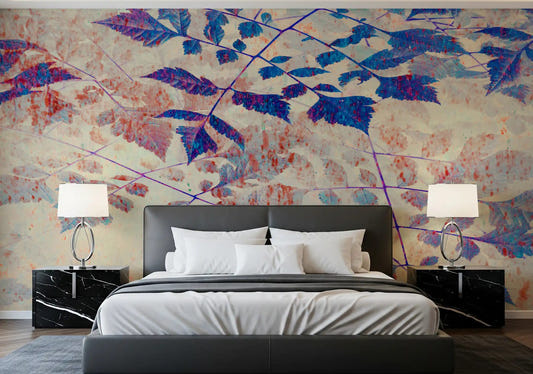 Bedroom feature wall mural with indigo and violet botanical foliage on blush cream.
