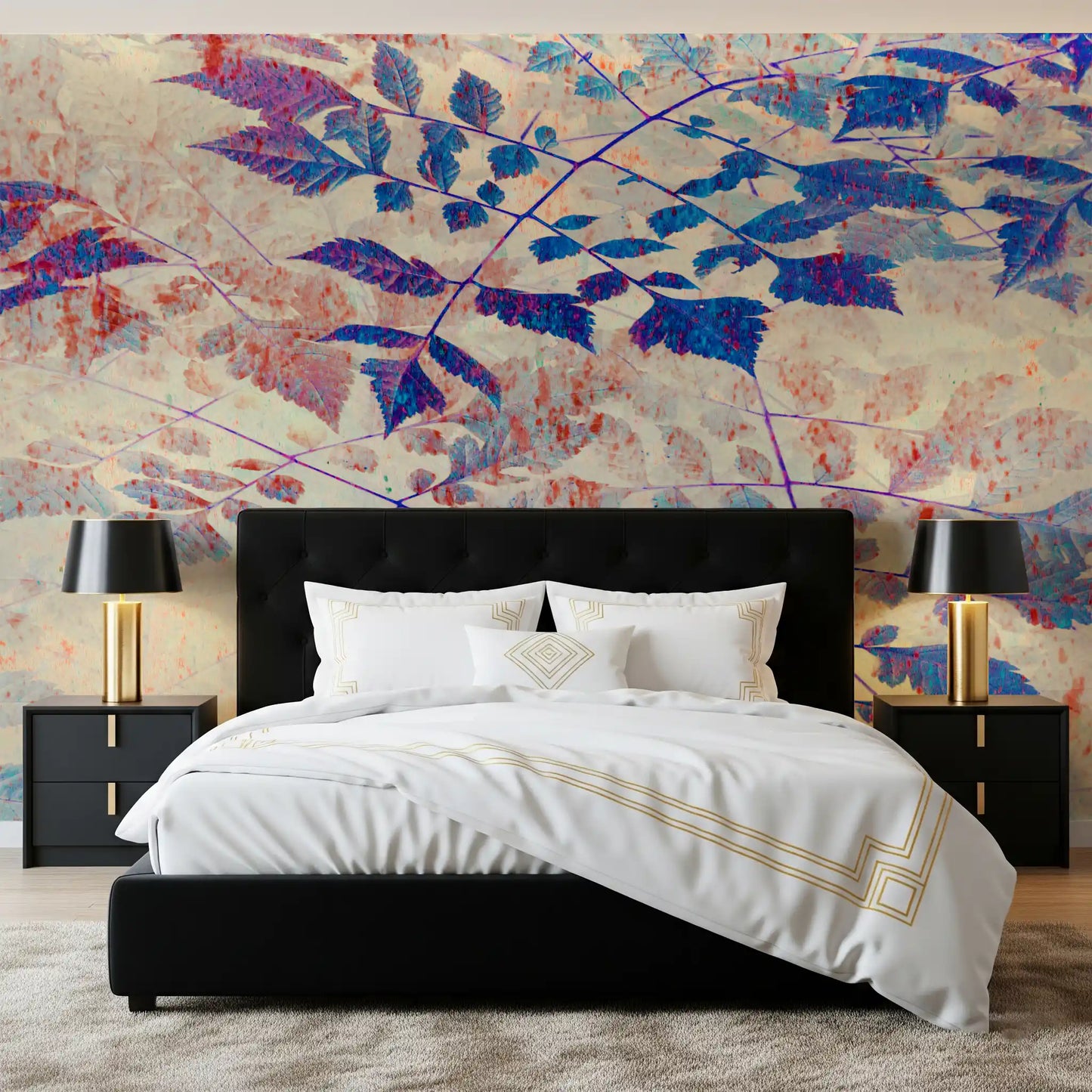 Indigo and violet leaf branches wall mural on pale blush-cream speckled background., GD10321