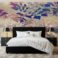 Indigo and violet leaf branches wall mural on pale blush-cream speckled background., GD10321