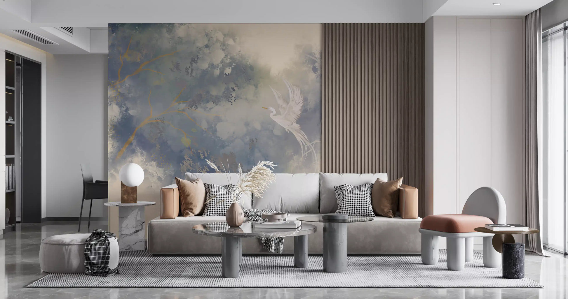 White egret wall mural featuring spread wings and misty cream and dusty blue watercolour background., GD10322