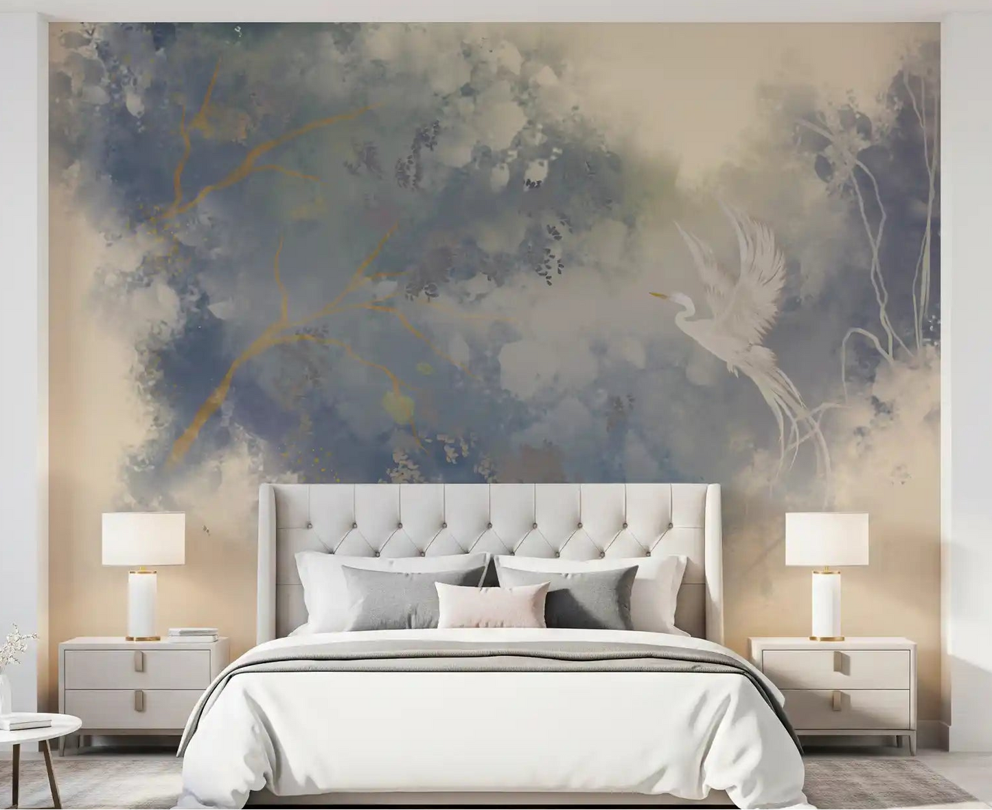 Flying Bird Pastel Garden wall mural styled in a calm bedroom setting with neutral tones., GD10322