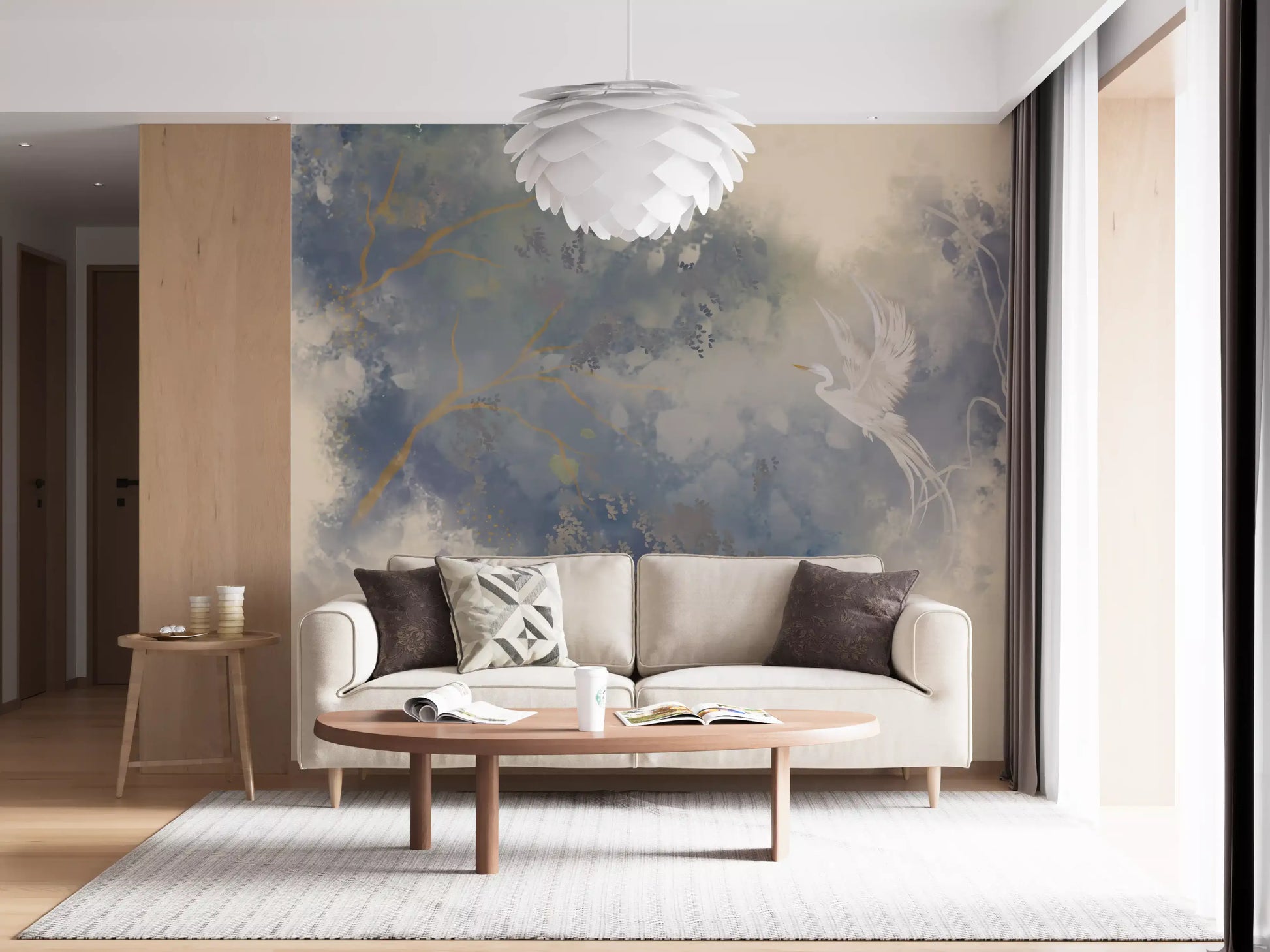 Golden branch and blue-grey foliage wall mural with flying white egret on soft cream., GD10322