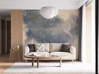 Golden branch and blue-grey foliage wall mural with flying white egret on soft cream., GD10322