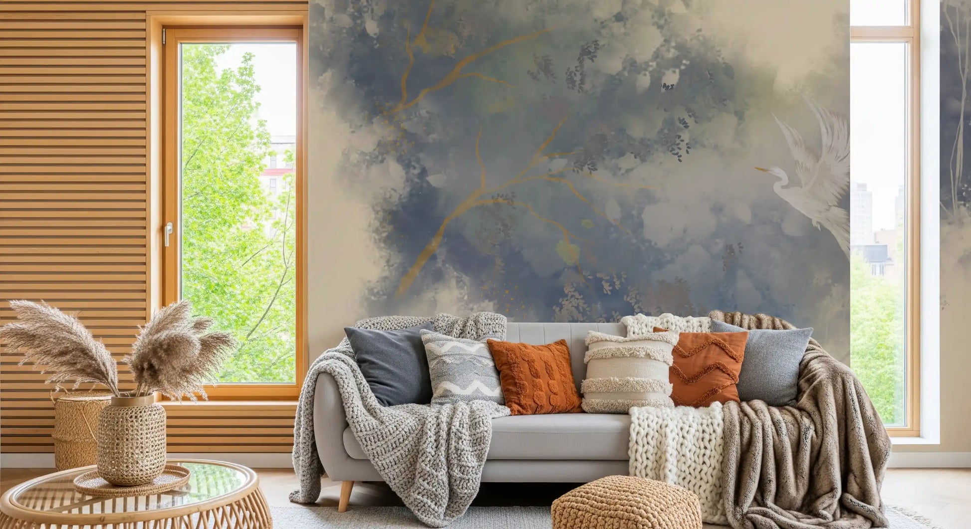 Pastel blue and cream botanical wall mural showing white heron in flight with golden branch detail., GD10322