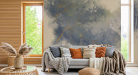 Pastel blue and cream botanical wall mural showing white heron in flight with golden branch detail., GD10322