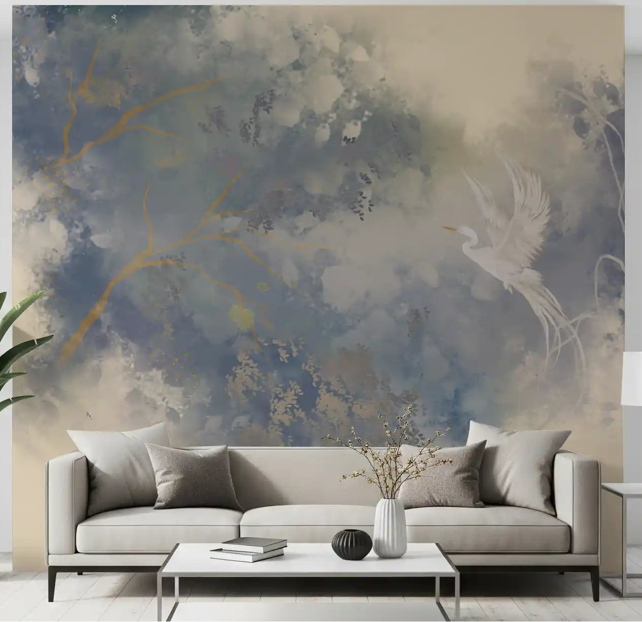 White egret wall mural with golden branches and dusty blue tones for living room spaces.