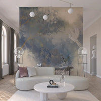 Chinoiserie-inspired wall mural with golden-amber branches and blue-grey foliage., GD10322