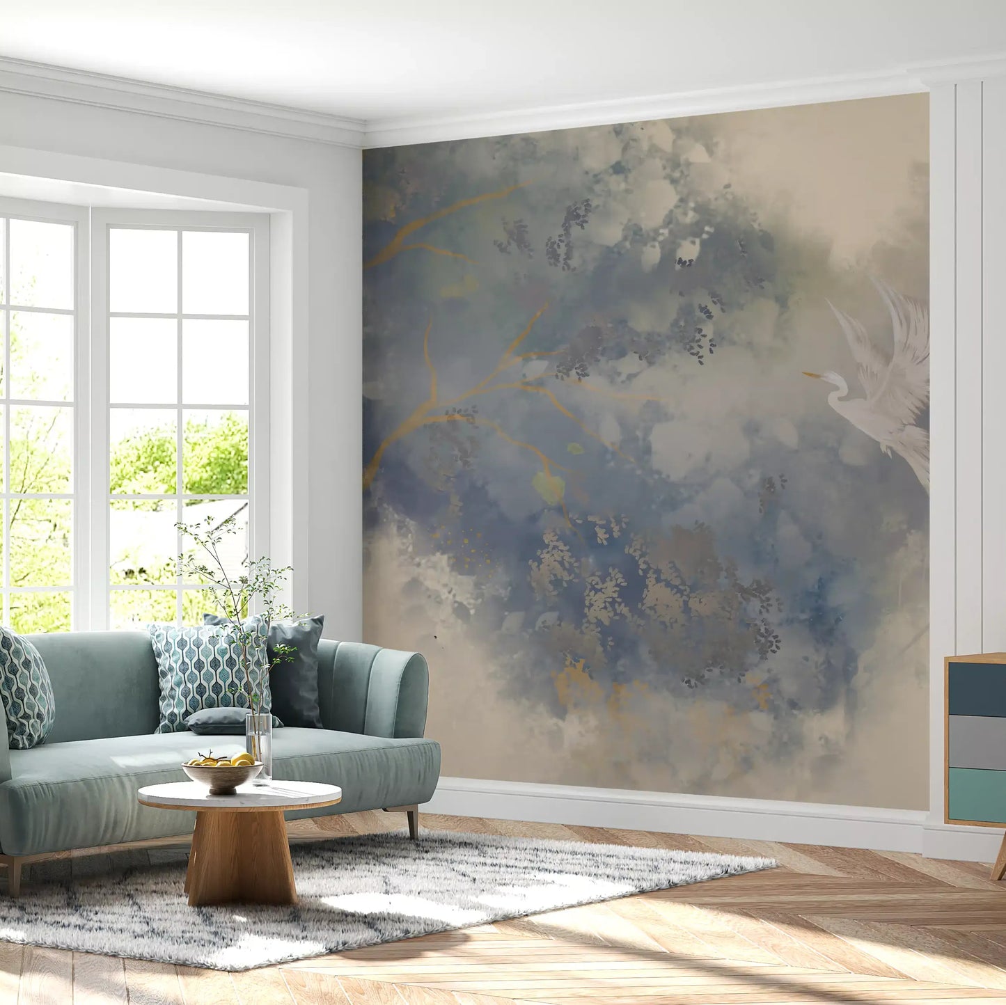 Watercolour wall mural depicting white egret with wings spread over misty grey and gold foliage., GD10322