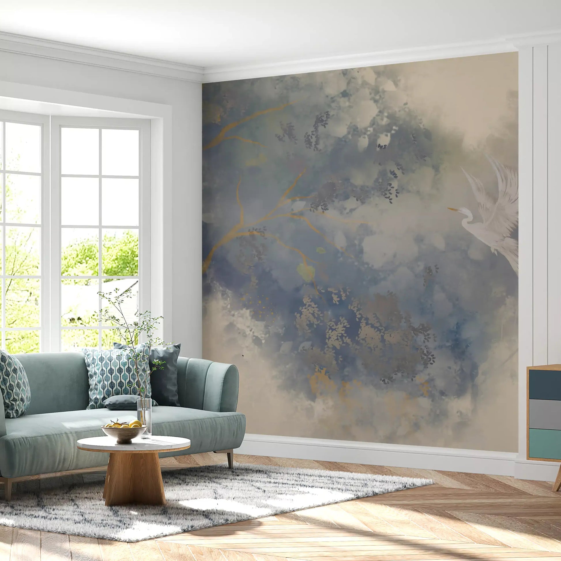 Watercolour wall mural depicting white egret with wings spread over misty grey and gold foliage., GD10322