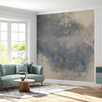 Watercolour wall mural depicting white egret with wings spread over misty grey and gold foliage., GD10322