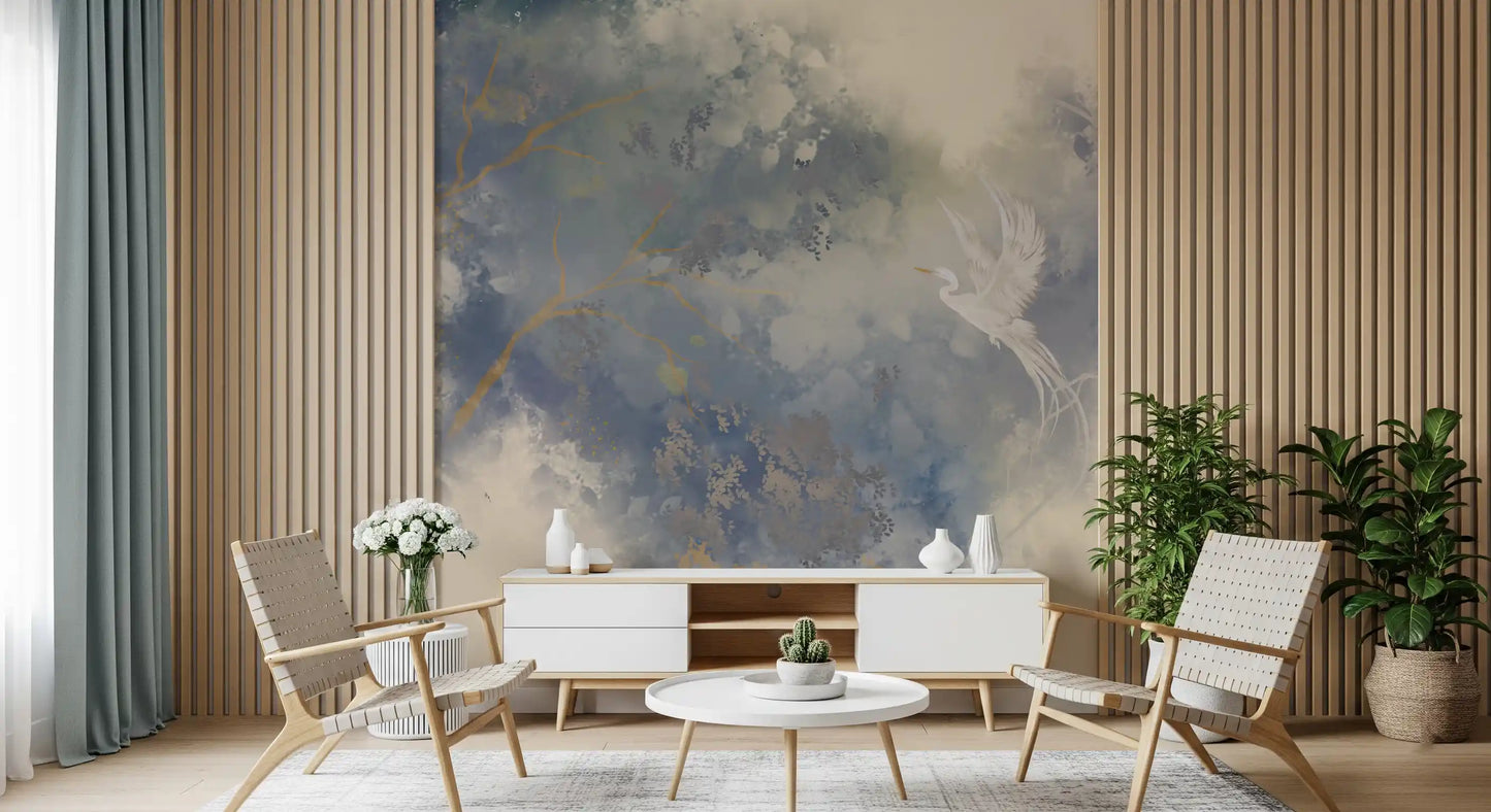 White egret and golden branch botanical wall mural with layered misty watercolour., GD10322