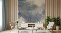 White egret and golden branch botanical wall mural with layered misty watercolour., GD10322