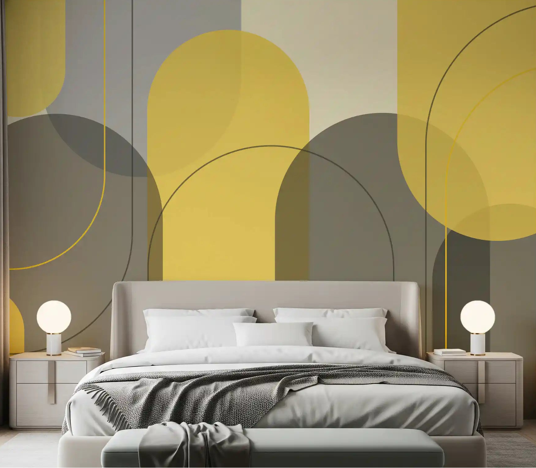 Sunstone Archways yellow grey wall mural styled in a modern bedroom setting., GD10323