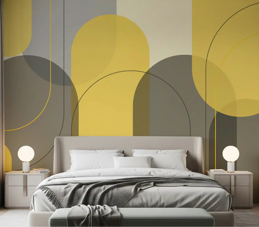 Sunstone Archways yellow grey wall mural styled in a modern bedroom setting.
