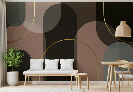 Dark charcoal and mauve arch wall mural with gold line details for dining room.