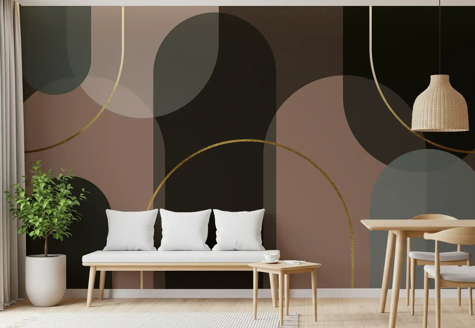 Dark charcoal and mauve arch wall mural with gold line details for dining room., GD10324