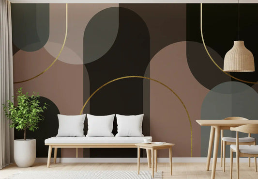 Dark charcoal and mauve arch wall mural with gold line details for dining room.